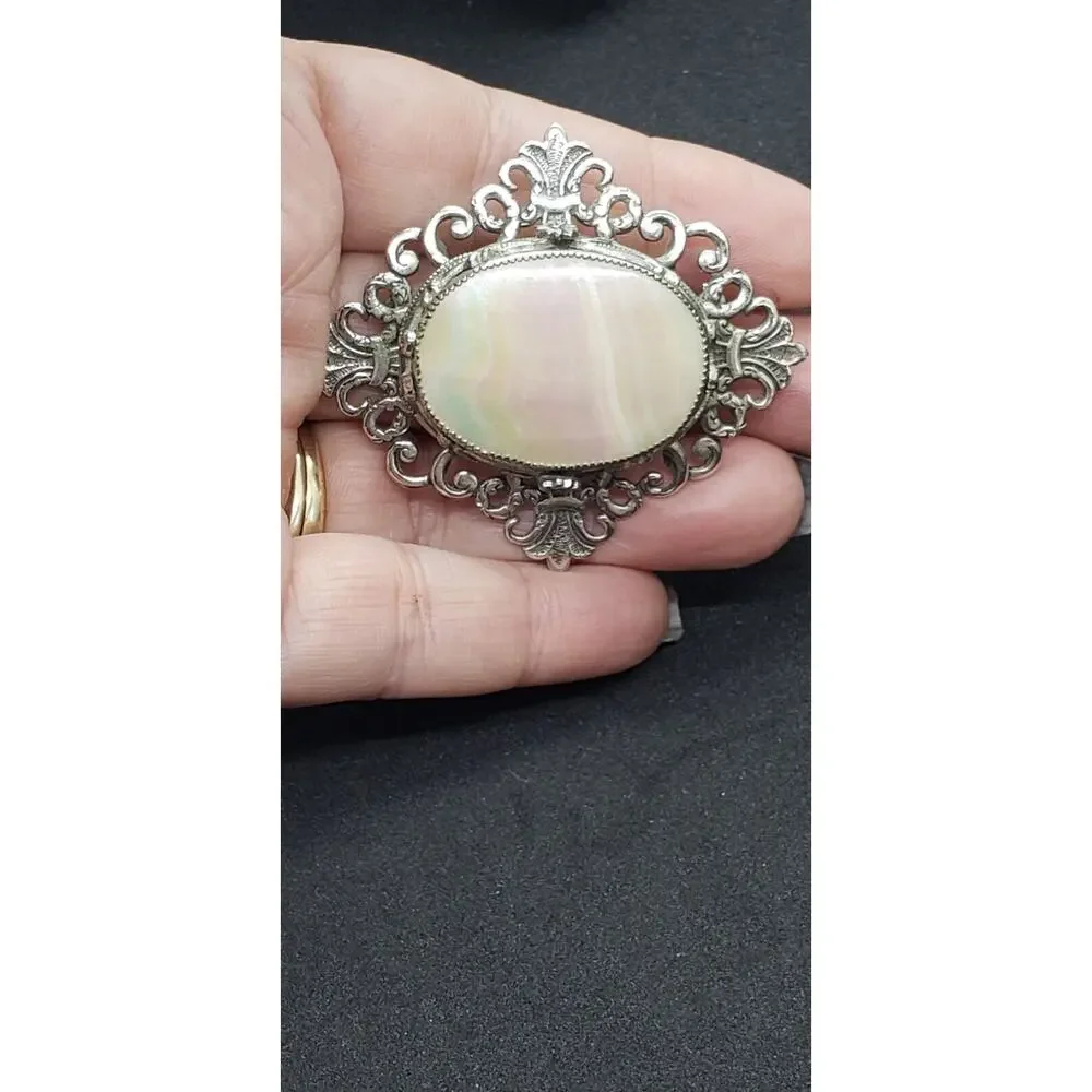 Vintage Whiting Davis Mother of Pearl Brooch Victorian Revival Silver Filagree